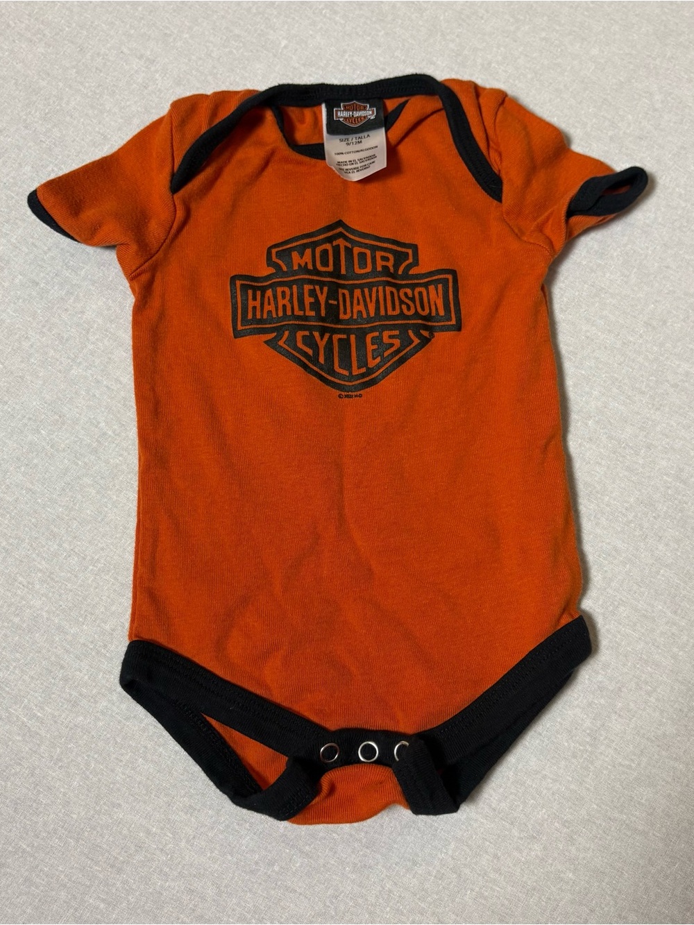 Harley-Davidson infant bodysuit orange and black size 9/12 months